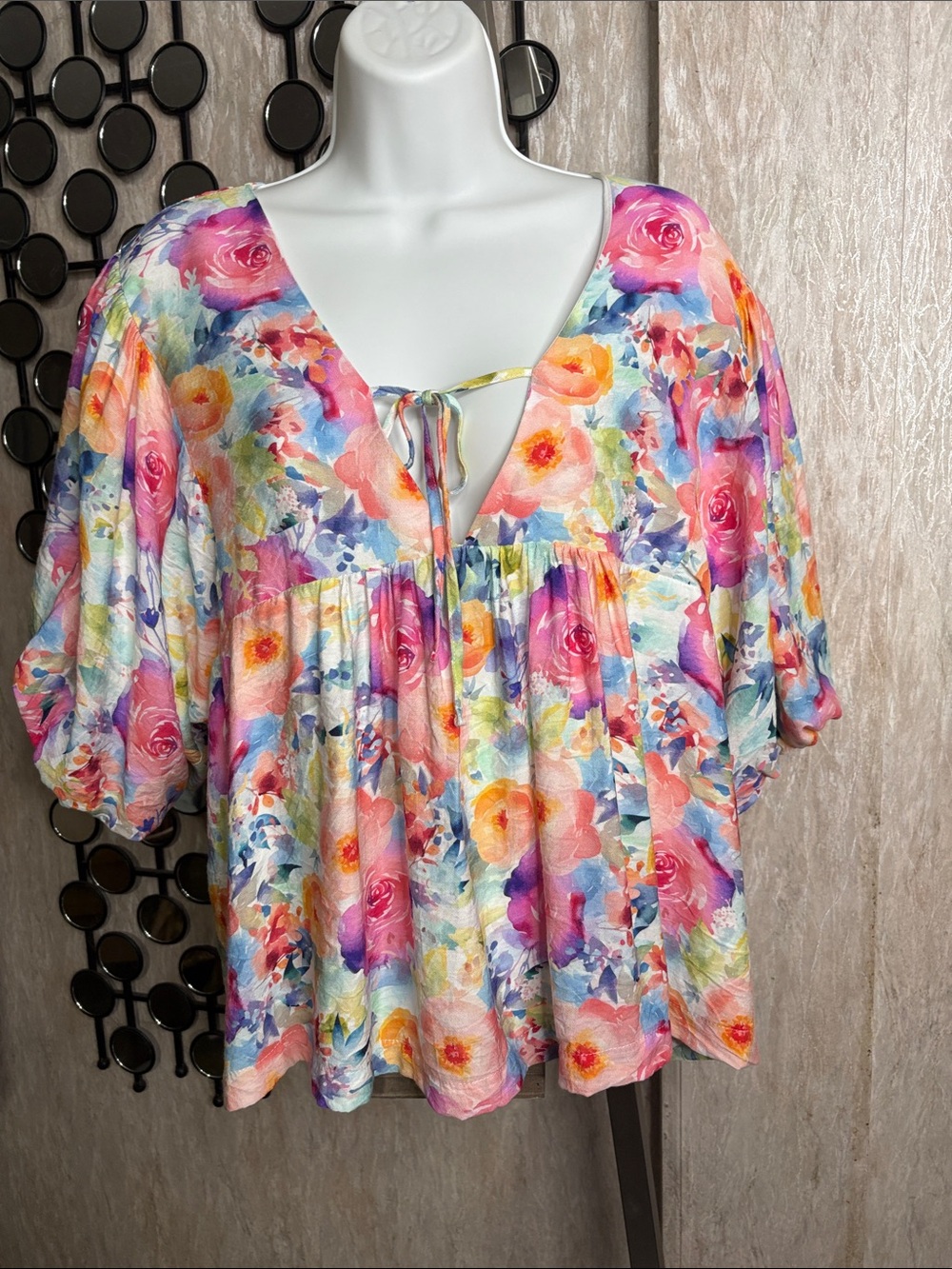 BiBi Floral Tie-Front V-Neck Tunic in Multi-Color